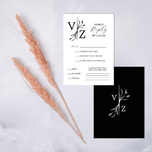 Boho Minimal Black and White Leaf Monogram Wedding RSVP Card