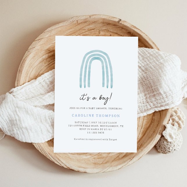Boho Minimal Blue Rainbow Baby Shower Invitation (Creator Uploaded)