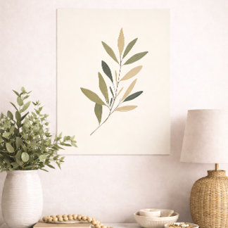 Boho Minimal Botanical Leaf Neutral Green Beige Poster