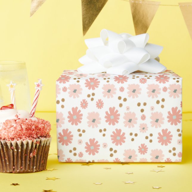 Boho Minimal Hand-Painted Daisies Pink Pattern Wrapping Paper (Birthday Party)