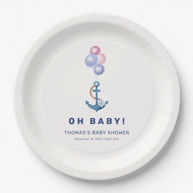 Boho Minimal Nautical Anchor Balloon Baby Shower  Paper Plate (Front)