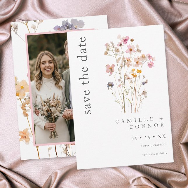Boho Minimal Pressed Wildflower Botanical Wedding Save The Date (Boho Minimal Pressed Wildflower Botanical Photo Wedding Save The Date)
