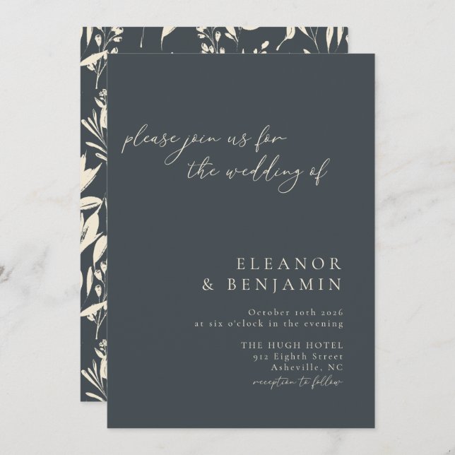 Boho Minimalist Black Hand Drawn Floral Wedding Invitation (Front/Back)