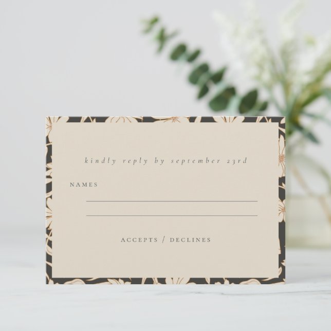 Boho Minimalist Botanical Black and Ivory Wedding  RSVP Card (Standing Front)