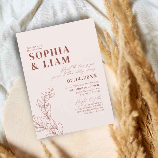 Boho Minimalist Botanical Blush Terracotta Wedding Invitation (Creator Uploaded)