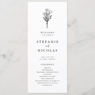 Boho Minimalist Botanicals Black and White Wedding Programme