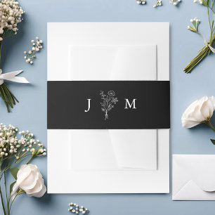 Boho Minimalist Botanicals Black Wedding Invitation Belly Band