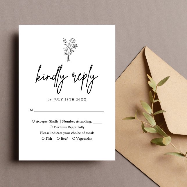 Boho Minimalist Botanicals Black Wedding RSVP Card (Boho black botanical RSVP card adds sleek elegance while simplifying your wedding guest responses)