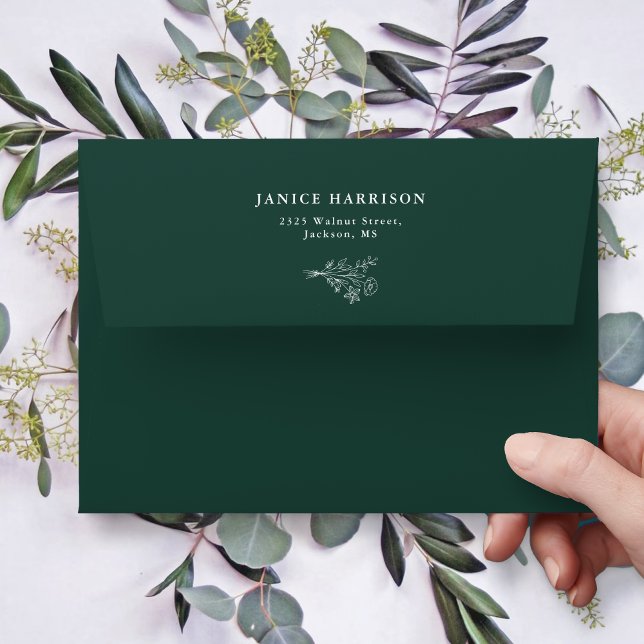 Boho Minimalist Botanicals Emerald Wedding Envelope (Creator Uploaded)