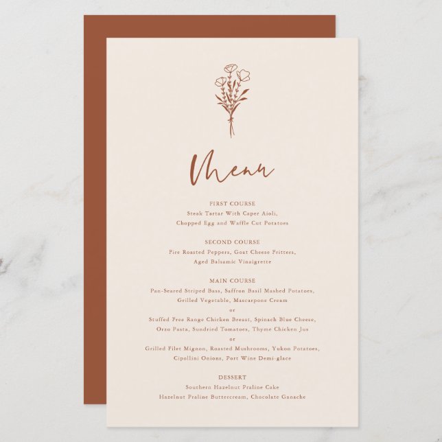 Boho Minimalist Botanicals Terracotta Menu Card (Front/Back)