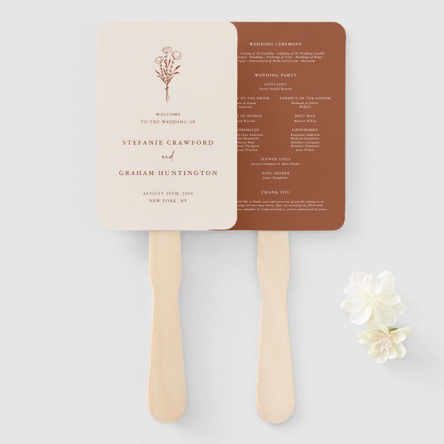 Boho Minimalist Botanicals Terracotta Program Hand Fan (Front and Back)