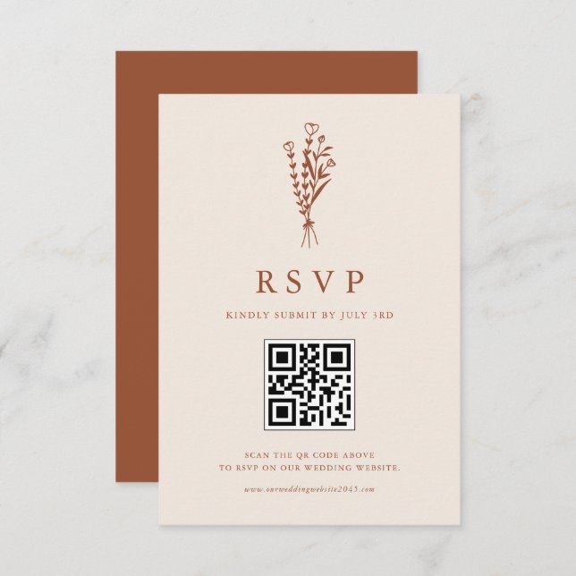 Boho Minimalist Botanicals Terracotta QR Code RSVP Card (Front/Back)