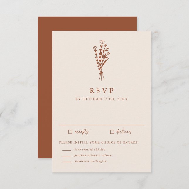 Boho Minimalist Botanicals Terracotta Wedding RSVP Card (Front/Back)