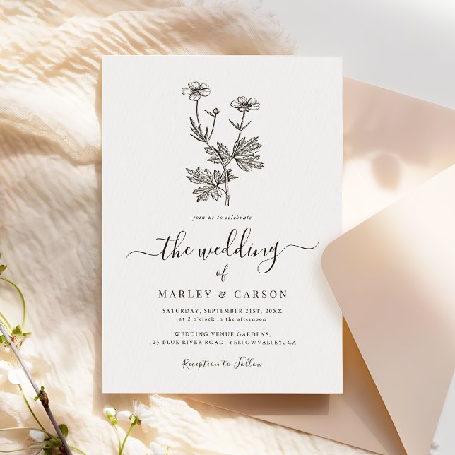 Boho Minimalist Botanicals Wildflower Wedding Invitation (Creator Uploaded)