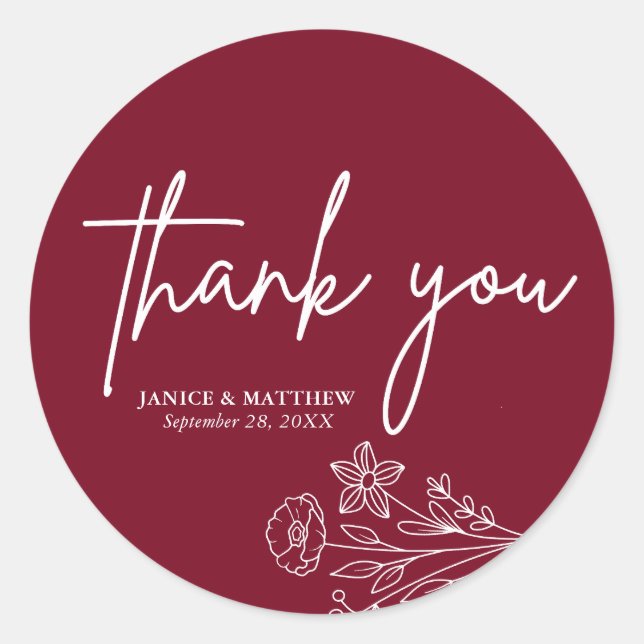 Boho Minimalist Burgundy Thank You Wedding Favour Classic Round Sticker (Front)