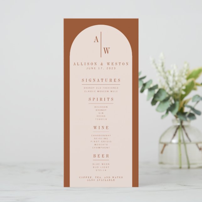 Boho Minimalist Burnt Orange Wedding Bar Menu (Standing Front)