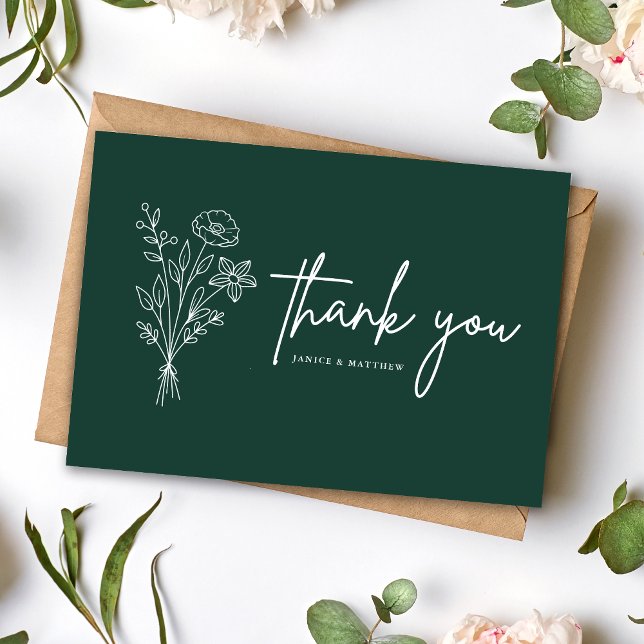 Boho Minimalist Emerald Wedding Thank You Postcard (Boho minimalist emerald thank you postcard shares heartfelt gratitude with a rich personalized touch)