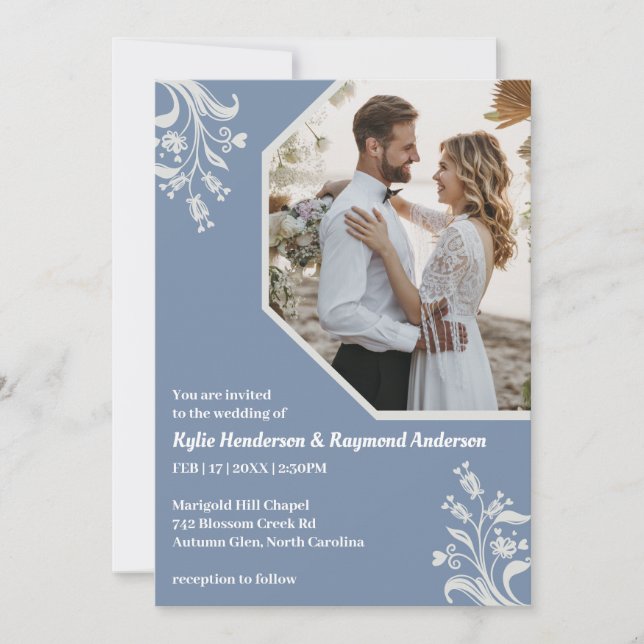 Boho Minimalist Floral Silver Lake Blue Wedding Invitation (Front)