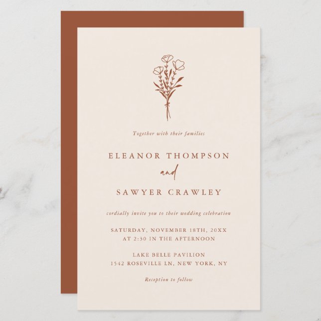 Boho Minimalist Floral Terracotta Wedding Invite (Front/Back)