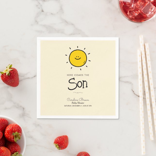 Boho Minimalist Here Comes The Son Baby Shower Napkin (Insitu)