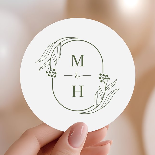 Boho Minimalist Monogram  Olive Green Wedding  Classic Round Sticker (Creator Uploaded)
