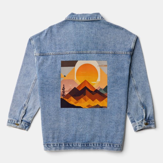 Boho Minimalist Mountain Landscape Denim Jacket (Back)