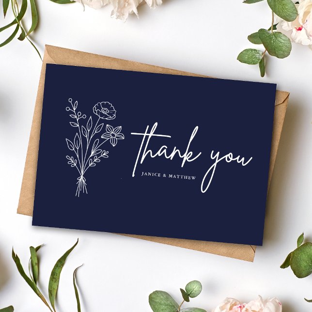 Boho Minimalist Navy Blue Wedding Thank You Postcard (Boho navy blue thank you postcard shares heartfelt gratitude with a classic personalized touch)