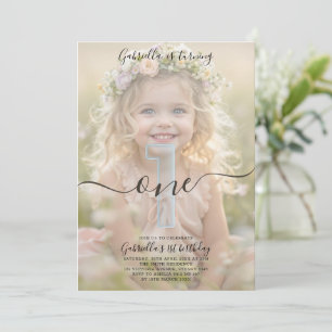 Boho Minimalist One Girl Photo 1st Birthday Invitation
