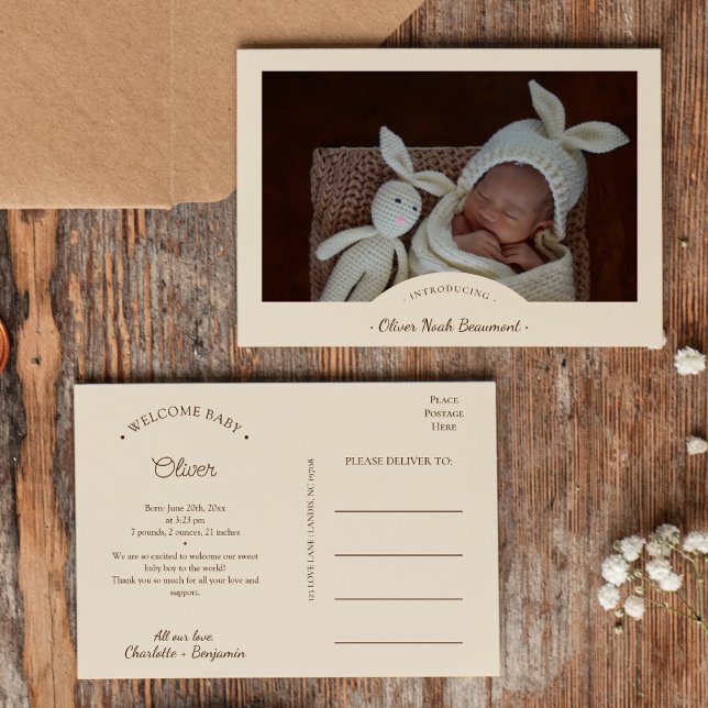 Boho Minimalist Photo Birth Announcement Postcard (Creator Uploaded)