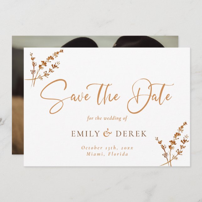 Boho Minimalist Photo Burnt Orange Floral Wedding Invitation (Front/Back)