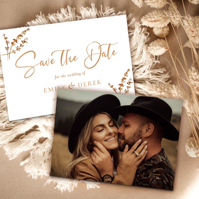 Boho Minimalist Photo Orange Floral Wedding Invitation (Creator Uploaded)