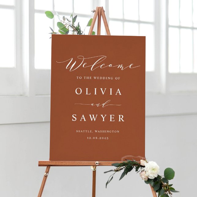Boho Minimalist Script Terracotta Wedding Welcome Poster (Customizable boho terracotta script wedding welcome sign)