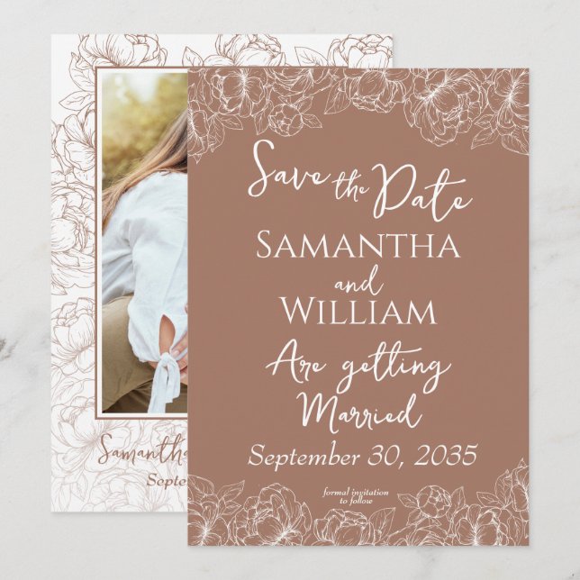 Boho Mocha Mousse Floral Modern Photo Wedding Save The Date (Front/Back)