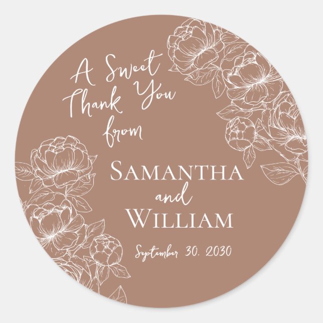 Boho Mocha Mousse Floral Wedding Thank You Favour Classic Round Sticker (Front)