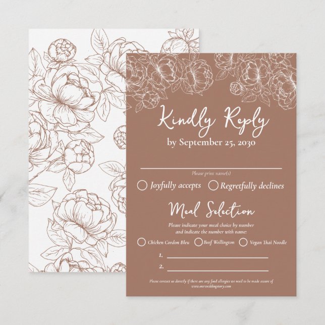 Boho Mocha Mousse Modern Wedding Meal Options and RSVP Card (Front/Back)
