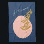 Boho Modern Abstract Botanical Art Blue Custom Tea Towel<br><div class="desc">This stylish kitchen dish towel features a pretty boho botanical illustration with abstract shapes in pink,  blue,  and gold. Personalise it with your name. Great gift idea!</div>