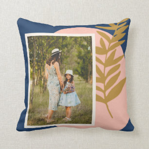 Boho Modern Abstract Botanical Blue Custom Photo Cushion