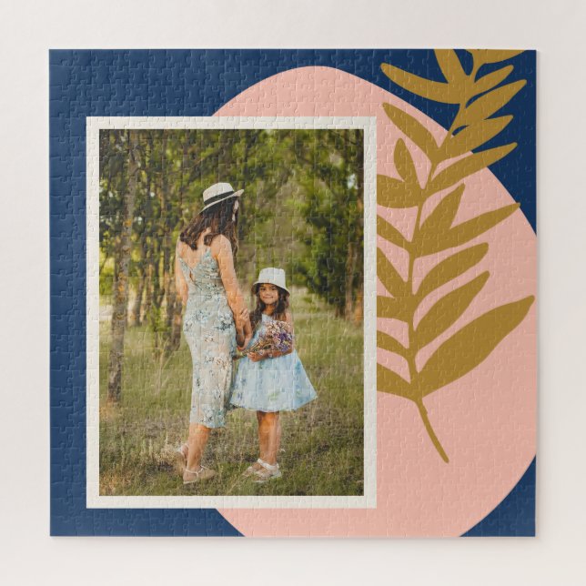 Boho Modern Abstract Botanical Blue Custom Photo Jigsaw Puzzle (Vertical)