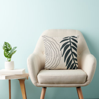 Boho, Modern, And Trendy Black Leaves And Circle Cushion