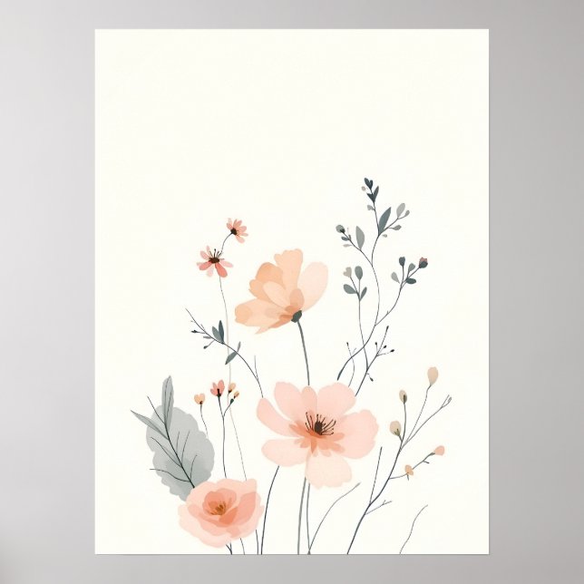 Boho Modern Art. Soft Blush Floral Sketch Poster (Front)