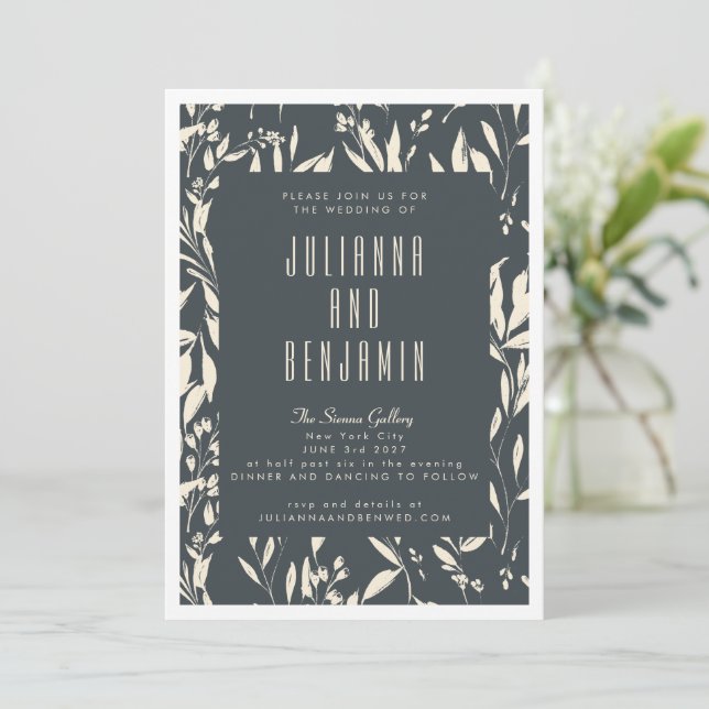Boho Modern Black Hand Drawn Floral Wedding Invitation (Standing Front)