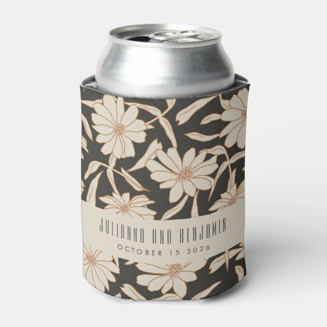 Boho Modern Botanical Black Ivory Custom Wedding Can Cooler (Can Front)