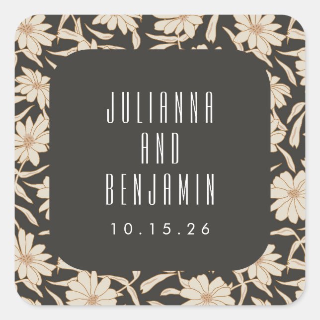 Boho Modern Botanical Black Ivory Wedding Custom Square Sticker (Front)