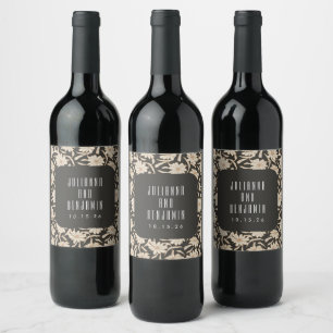 Boho Modern Botanical Black Ivory Wedding Custom  Wine Label
