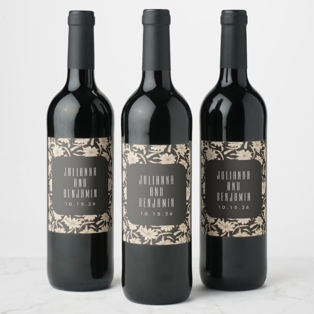 Boho Modern Botanical Black Ivory Wedding Custom  Wine Label (Bottles)