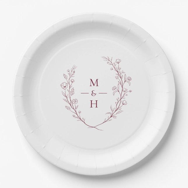 Boho Modern Botanical Monogram Wedding Party Paper Plate (Front)