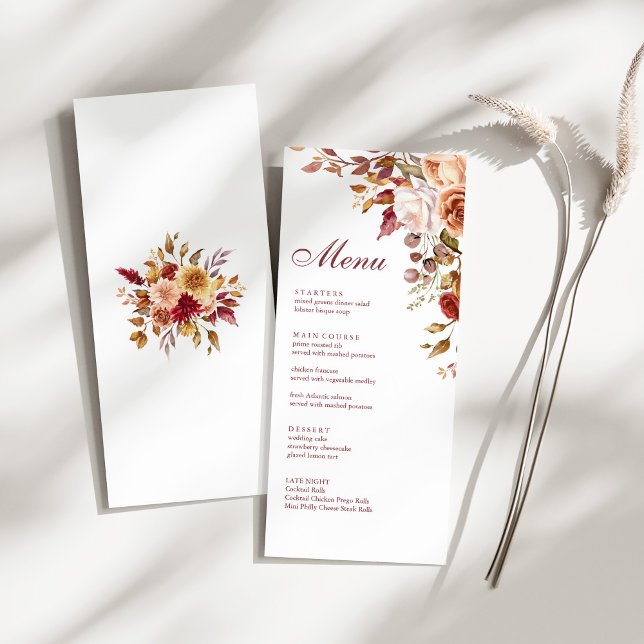 Boho Modern Burnt Orange Terracotta Floral Wedding Menu (Boho Modern Burnt Orange Terracotta Floral Wedding Menu on a sunny white table.)