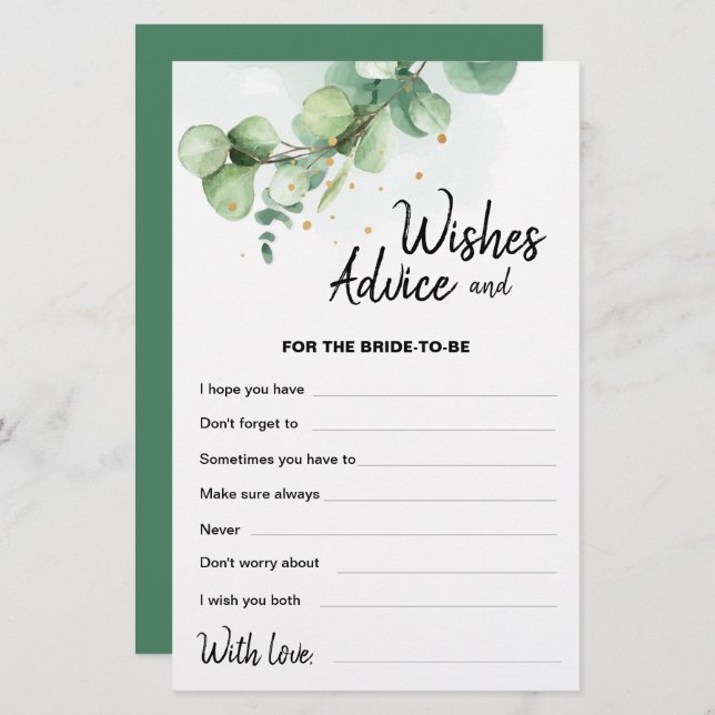 Boho Modern Eucalyptus Wedding Wishes Advice Card (Front/Back)