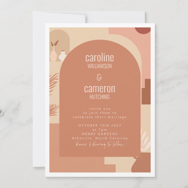 Boho Modern Floral Art Beige Terracotta Wedding Invitation (Front)