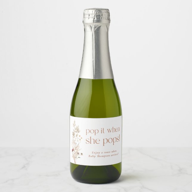 Boho Modern Floral Baby Shower Sparkling Wine Labe Label (Front)